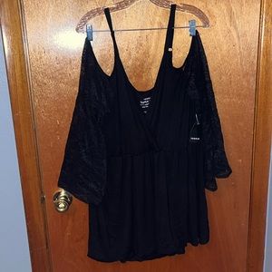 Black Shirt with Lace Off the Shoulder Sleeves